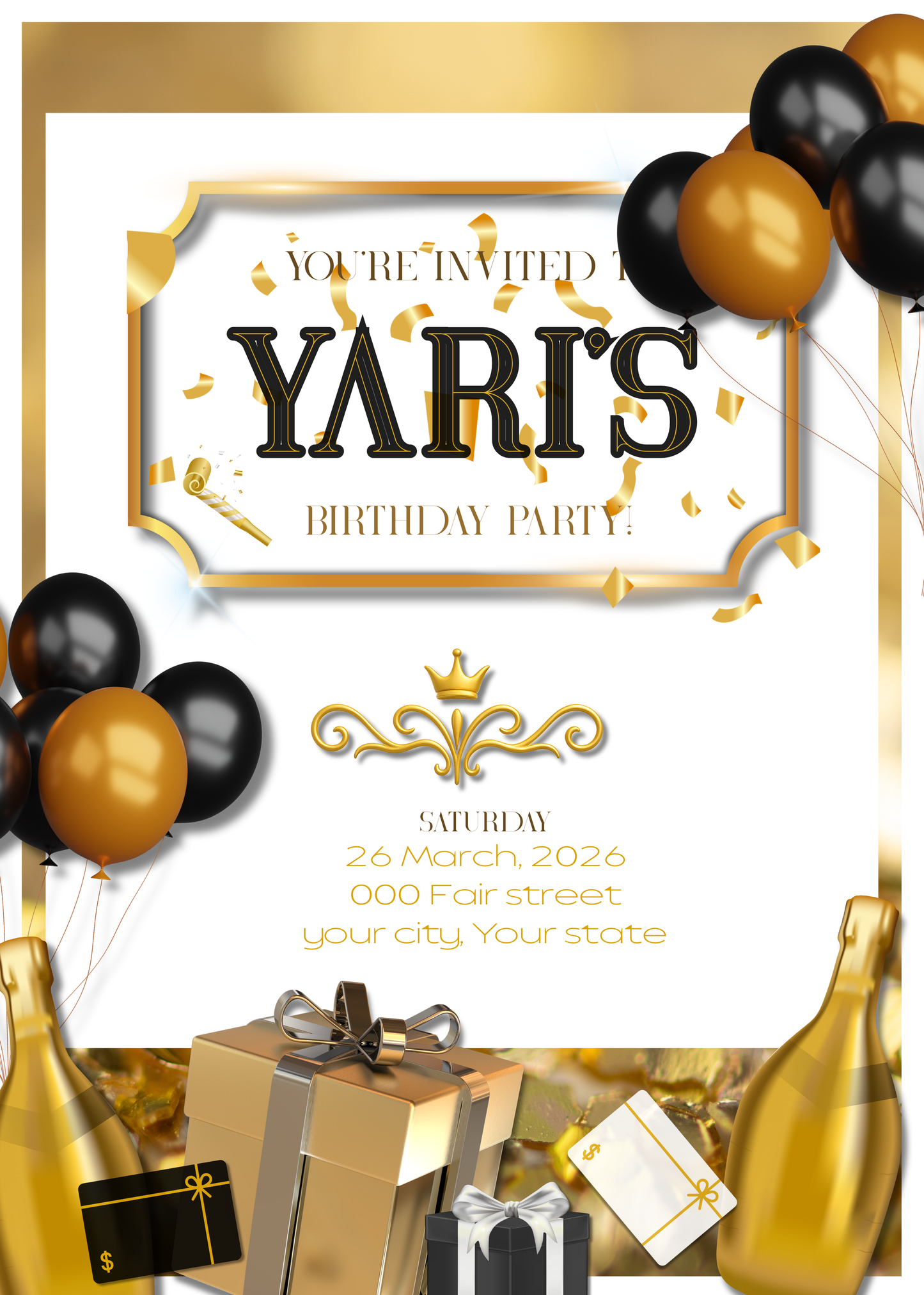 5x7" Black White and Gold Birthday Invitation