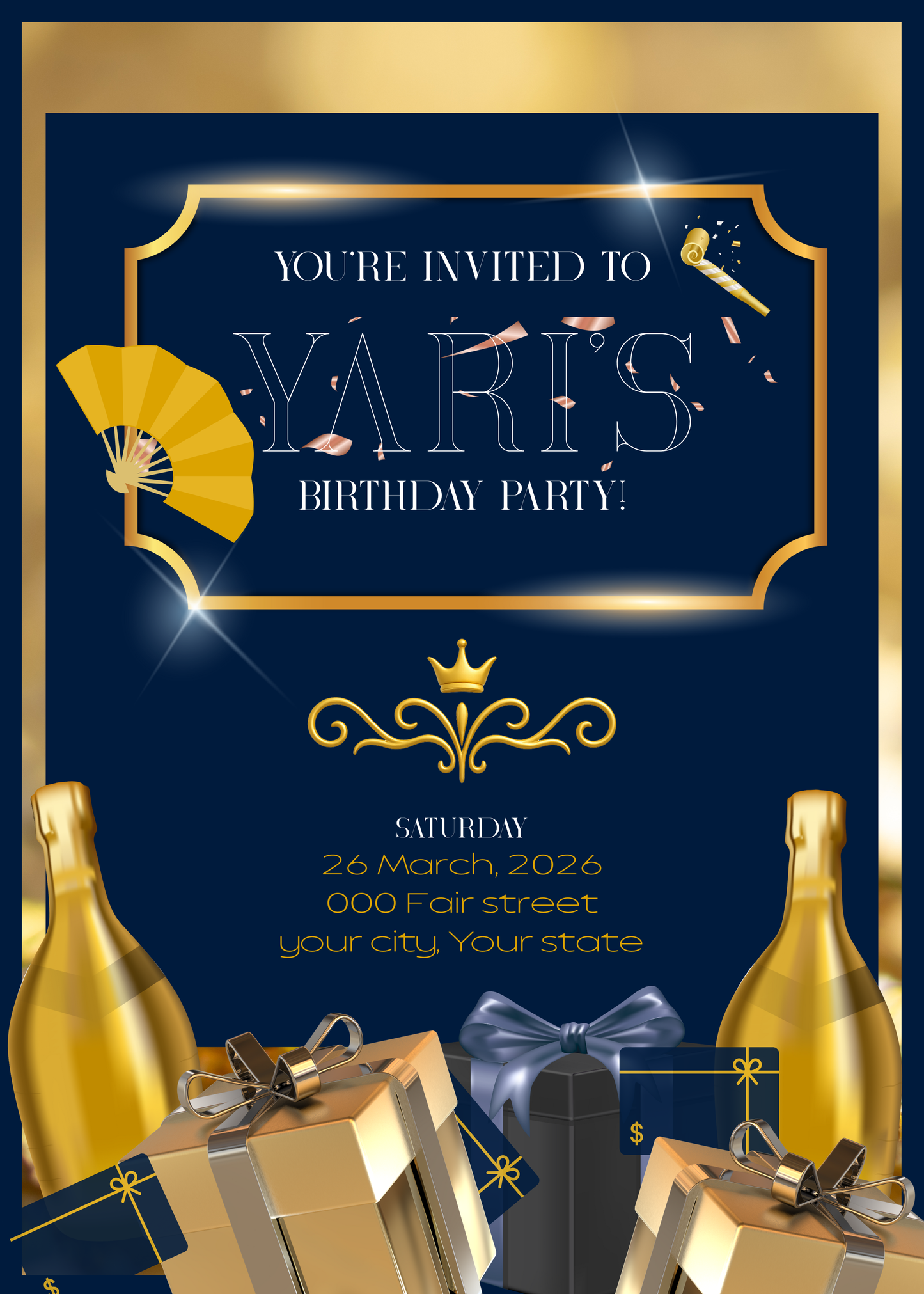 5x7" Blue and Gold Birthday Invitation