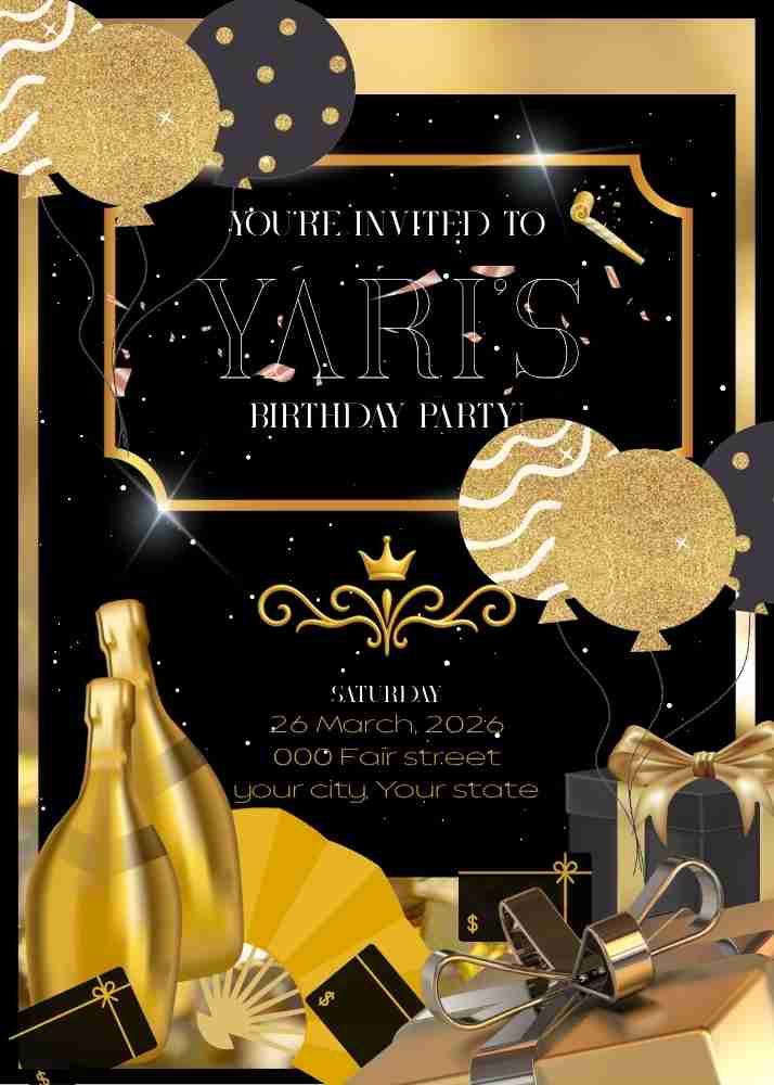 Virtual Black and Gold Birthday Invitation