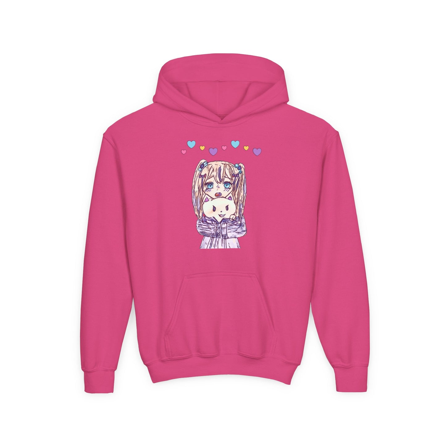 Cute Kawaii Heart Plushie Design Anime Girl- Kids/Youth Hoodie Gildan 18500B