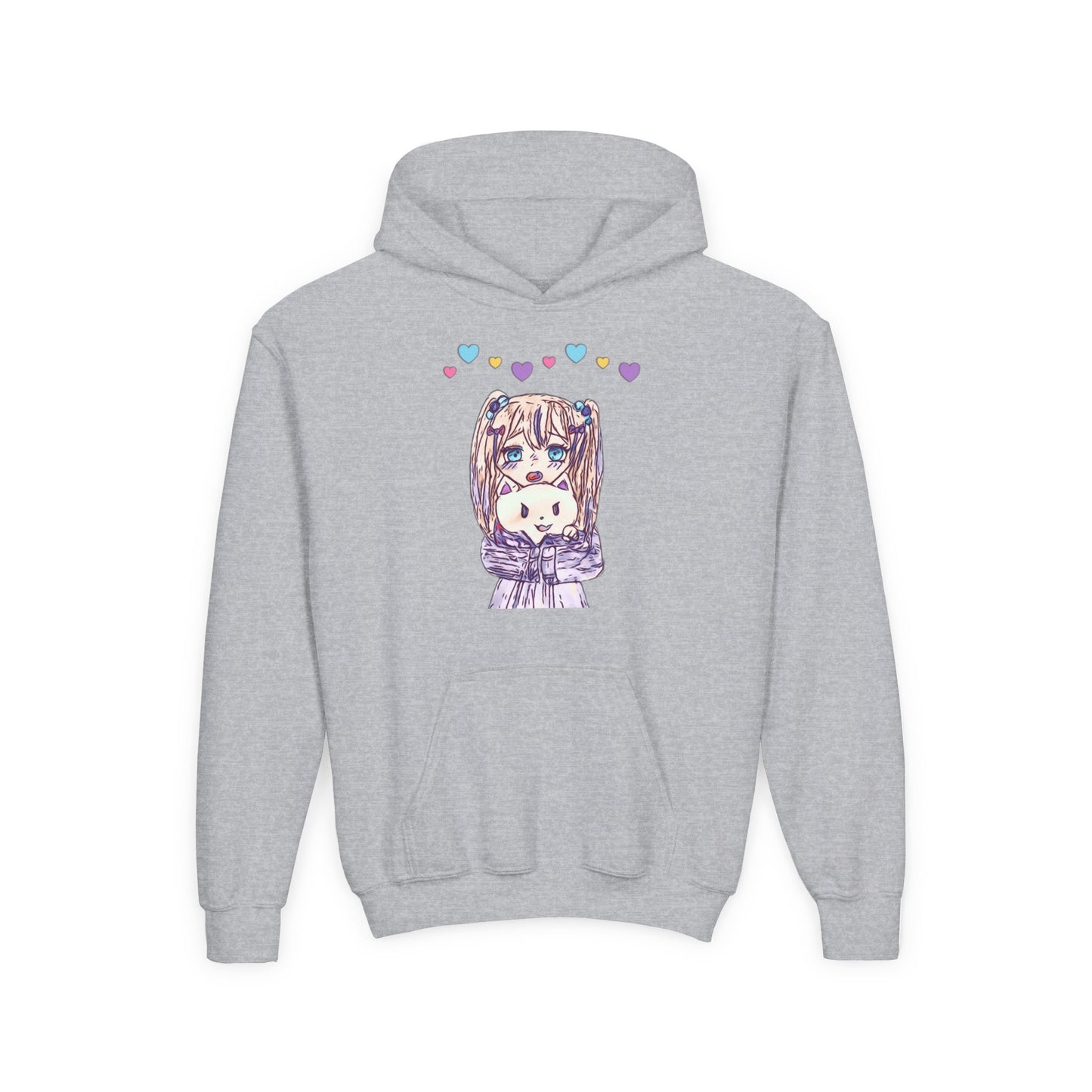 Cute Kawaii Heart Plushie Design Anime Girl- Kids/Youth Hoodie Gildan 18500B