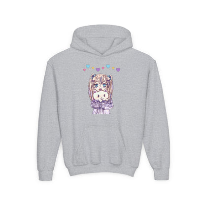 Cute Kawaii Heart Plushie Design Anime Girl- Kids/Youth Hoodie Gildan 18500B