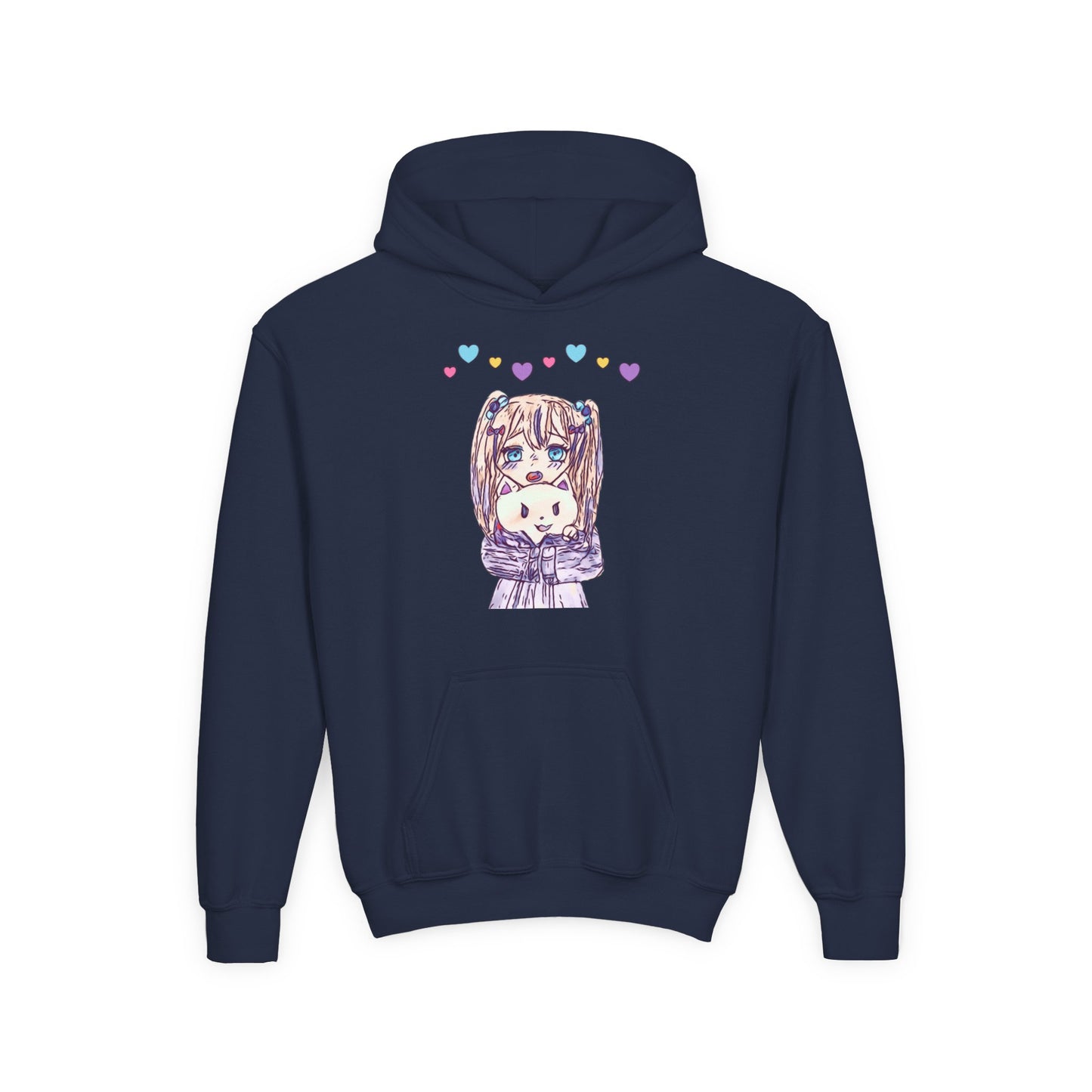 Cute Kawaii Heart Plushie Design Anime Girl- Kids/Youth Hoodie Gildan 18500B