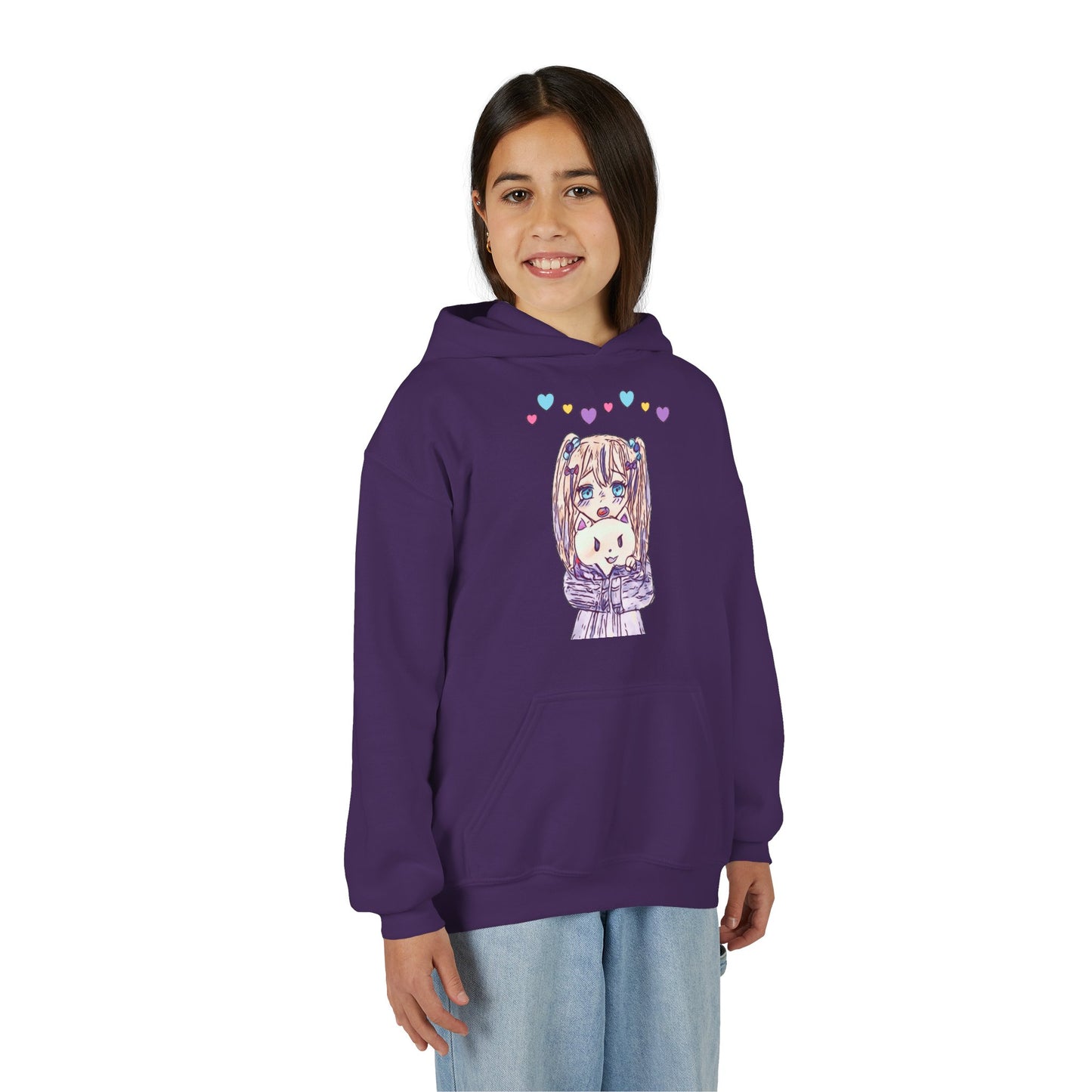 Cute Kawaii Heart Plushie Design Anime Girl- Kids/Youth Hoodie Gildan 18500B