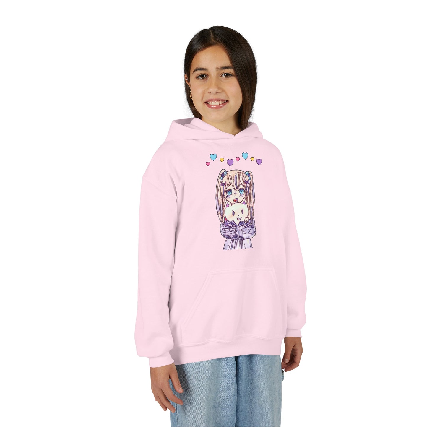 Cute Kawaii Heart Plushie Design Anime Girl- Kids/Youth Hoodie Gildan 18500B