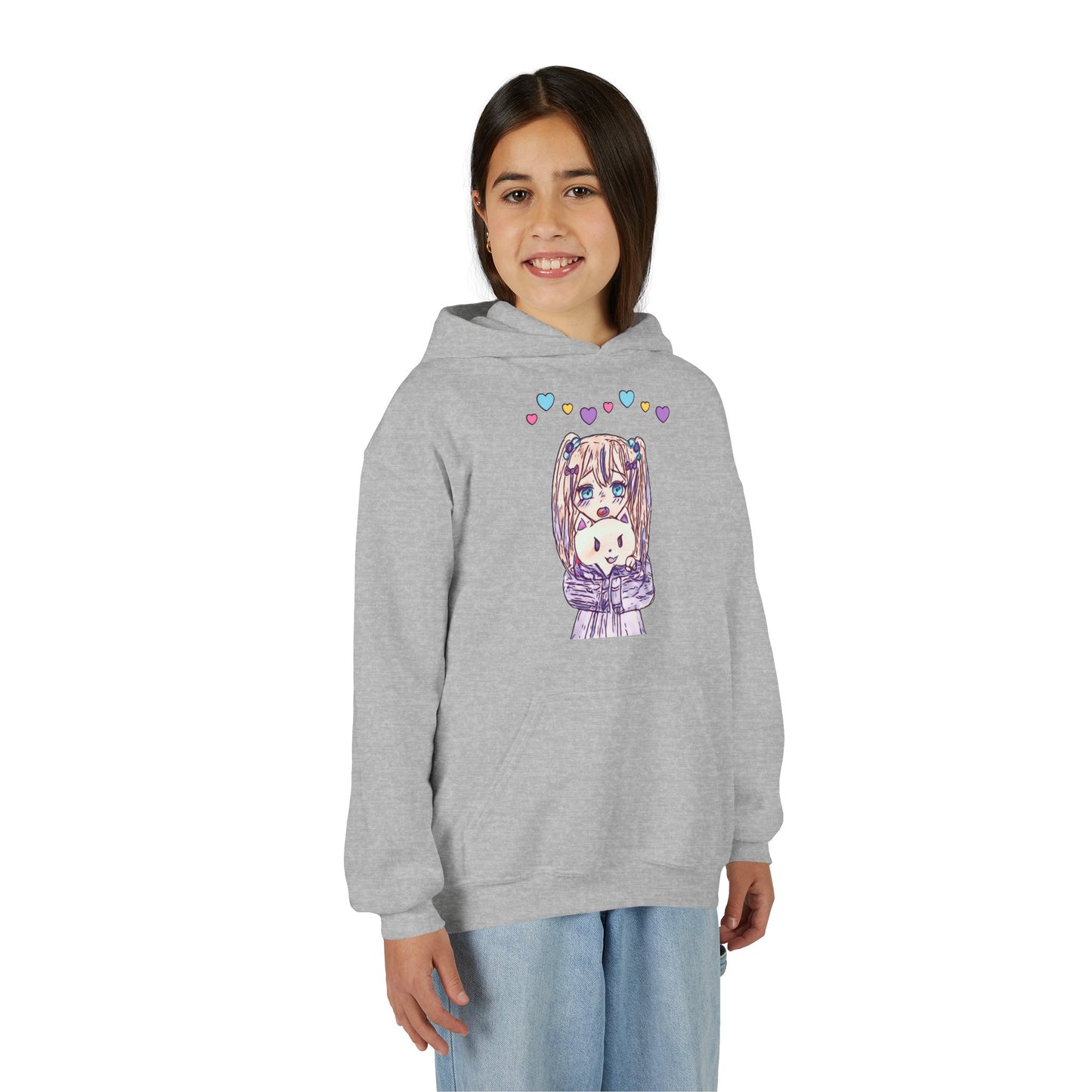 Cute Kawaii Heart Plushie Design Anime Girl- Kids/Youth Hoodie Gildan 18500B