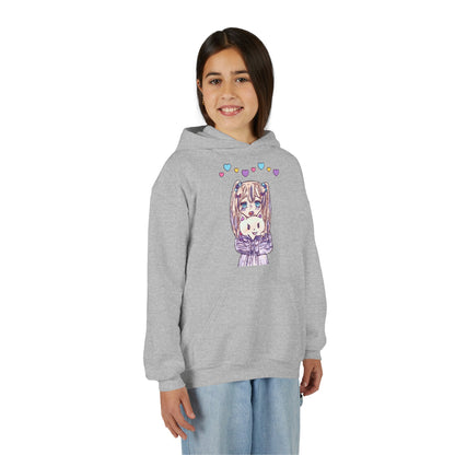 Cute Kawaii Heart Plushie Design Anime Girl- Kids/Youth Hoodie Gildan 18500B