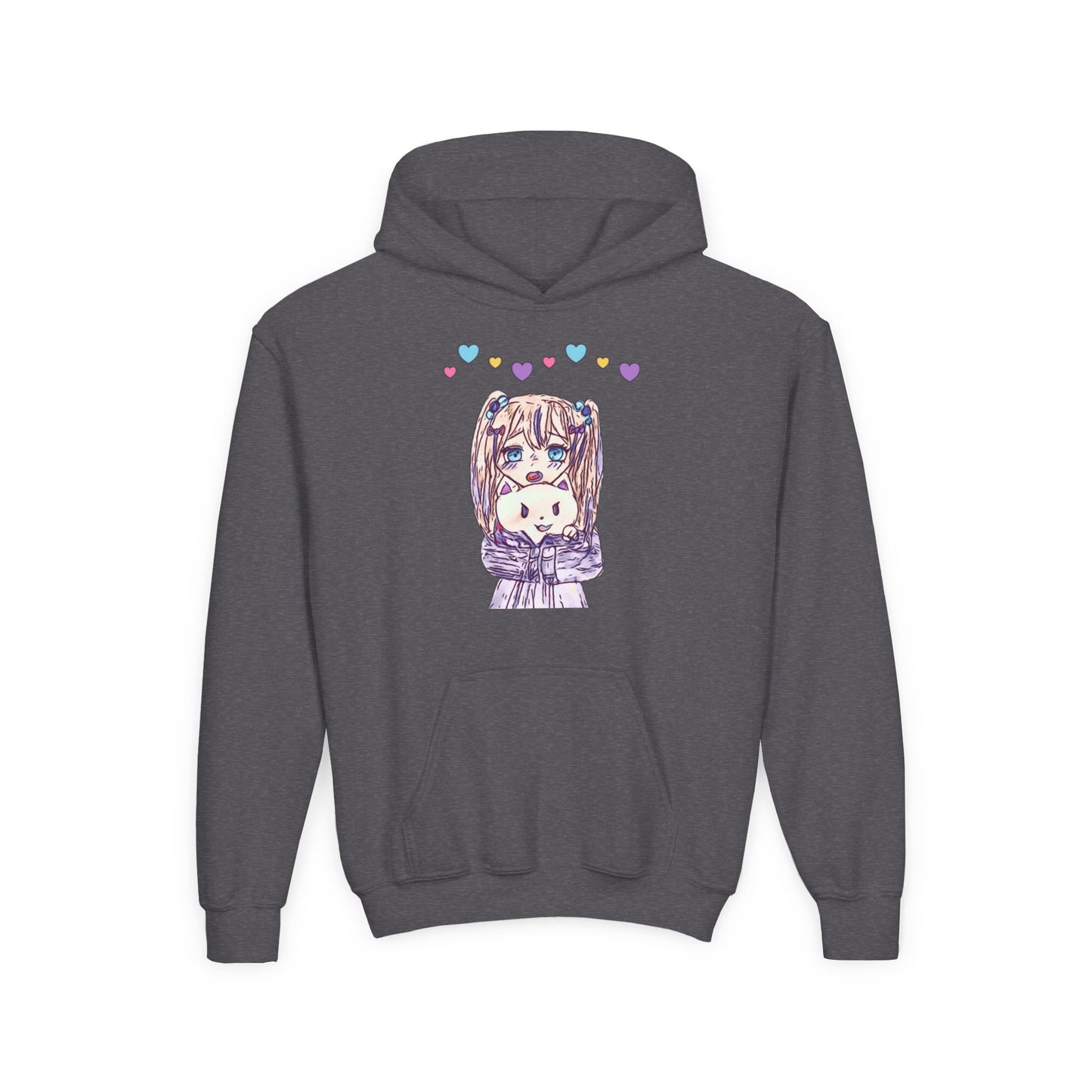 Cute Kawaii Heart Plushie Design Anime Girl- Kids/Youth Hoodie Gildan 18500B