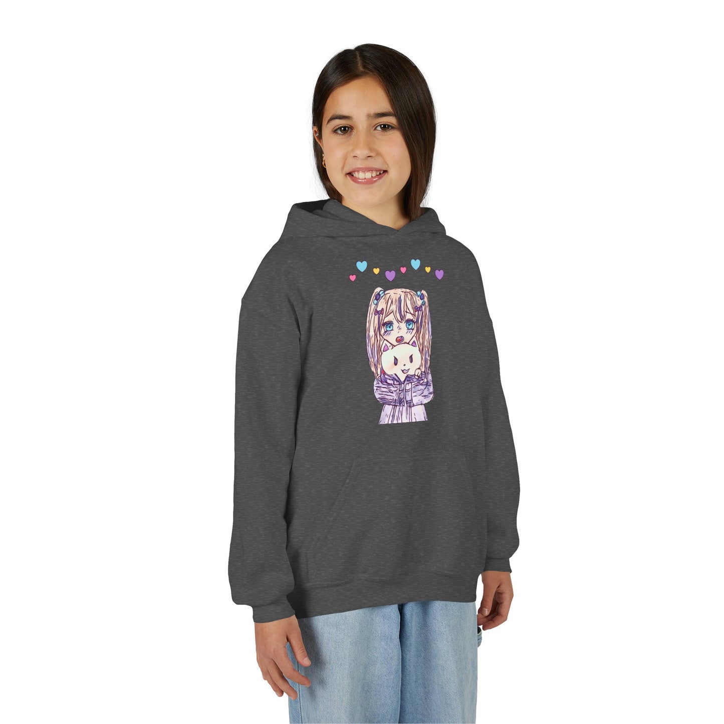 Cute Kawaii Heart Plushie Design Anime Girl- Kids/Youth Hoodie Gildan 18500B