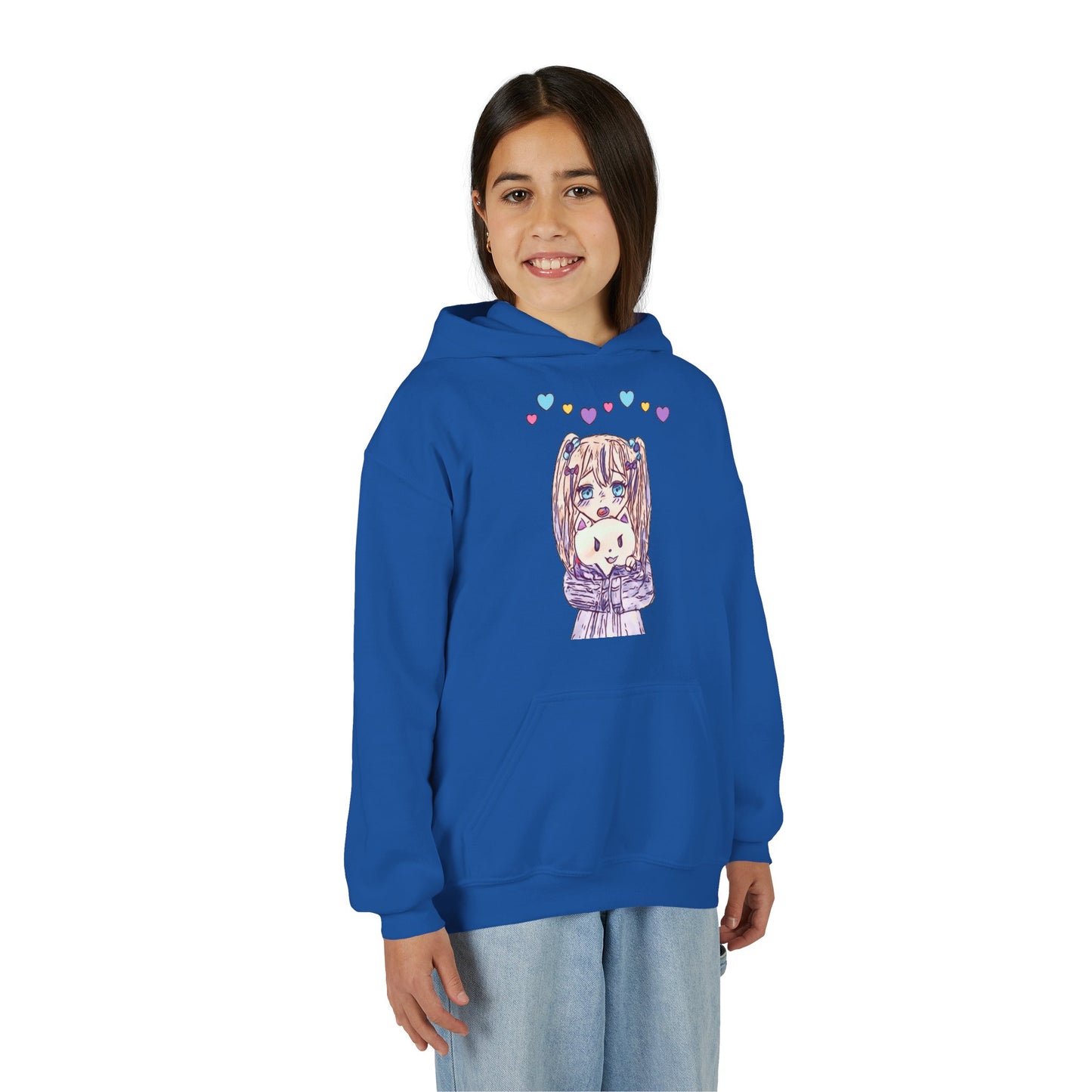 Cute Kawaii Heart Plushie Design Anime Girl- Kids/Youth Hoodie Gildan 18500B