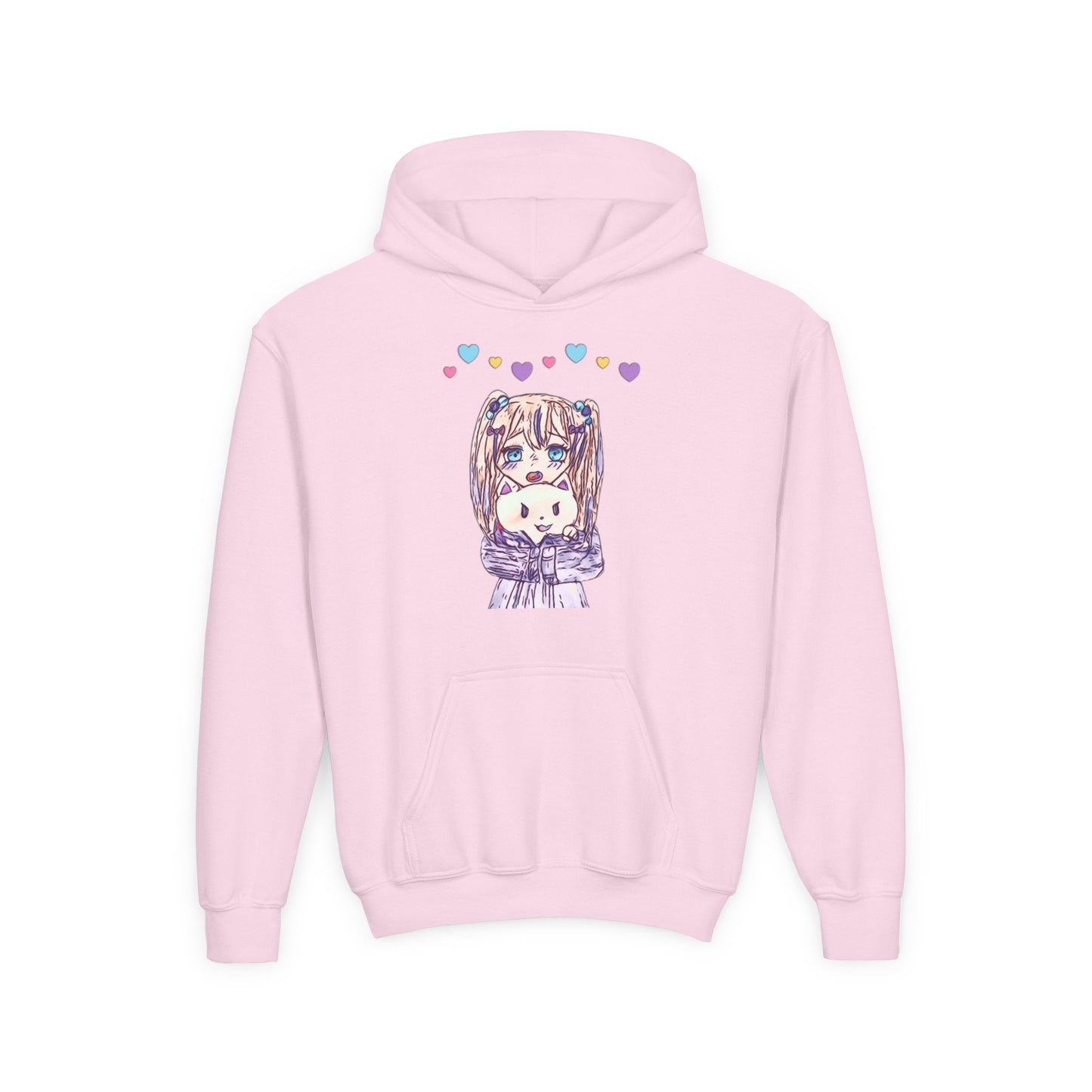 Cute Kawaii Heart Plushie Design Anime Girl- Kids/Youth Hoodie Gildan 18500B