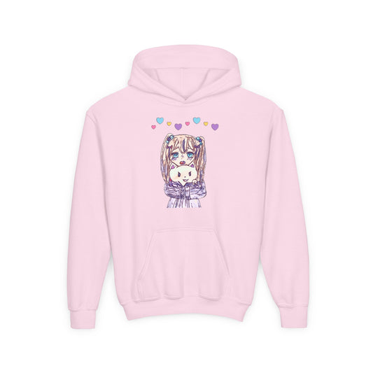 Cute Kawaii Heart Plushie Design Anime Girl- Kids/Youth Hoodie Gildan 18500B