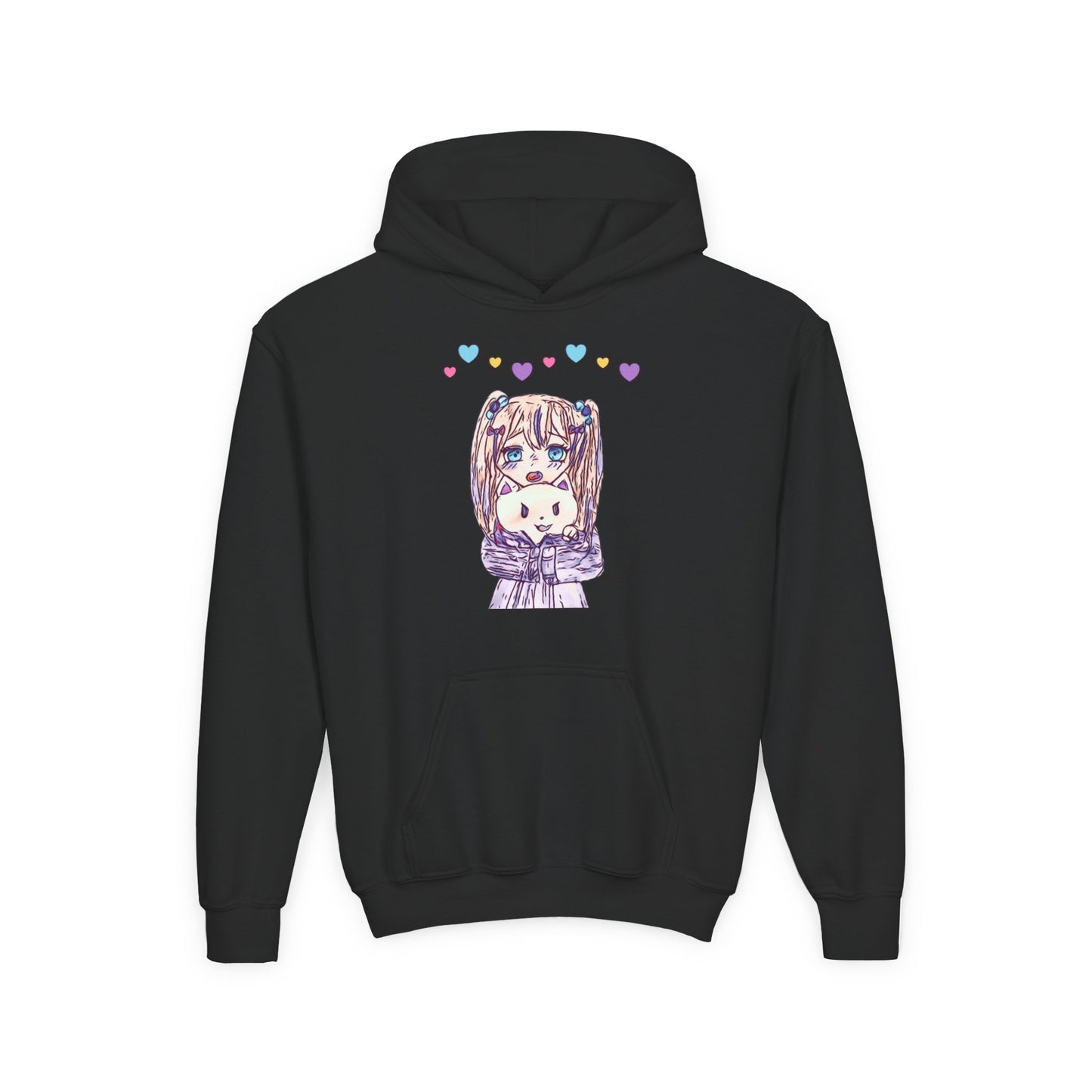 Cute Kawaii Heart Plushie Design Anime Girl- Kids/Youth Hoodie Gildan 18500B