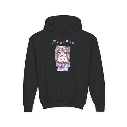 Cute Kawaii Heart Plushie Design Anime Girl- Kids/Youth Hoodie Gildan 18500B