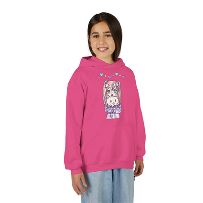 Cute Kawaii Heart Plushie Design Anime Girl- Kids/Youth Hoodie Gildan 18500B