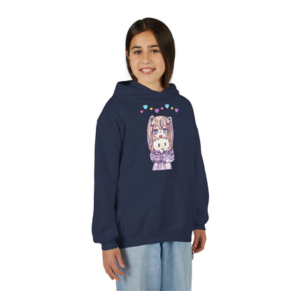 Cute Kawaii Heart Plushie Design Anime Girl- Kids/Youth Hoodie Gildan 18500B