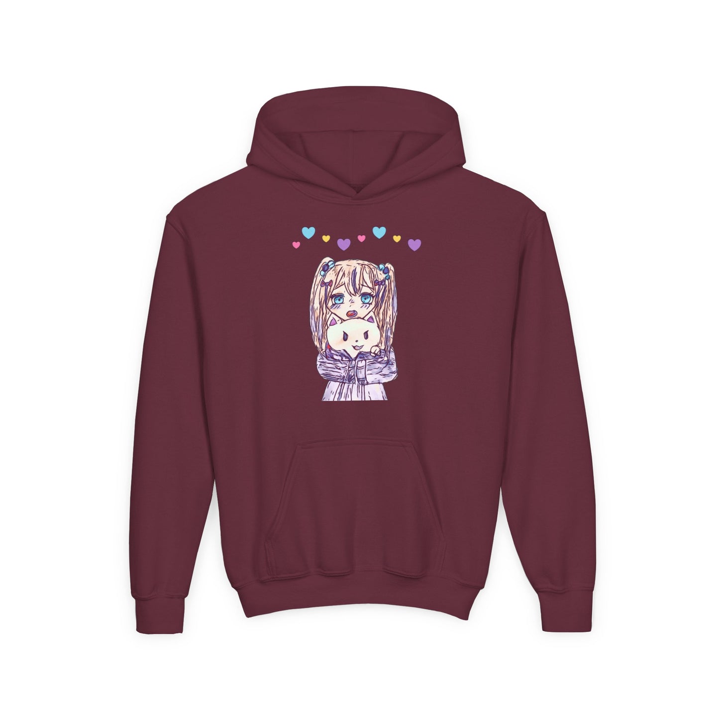 Cute Kawaii Heart Plushie Design Anime Girl- Kids/Youth Hoodie Gildan 18500B