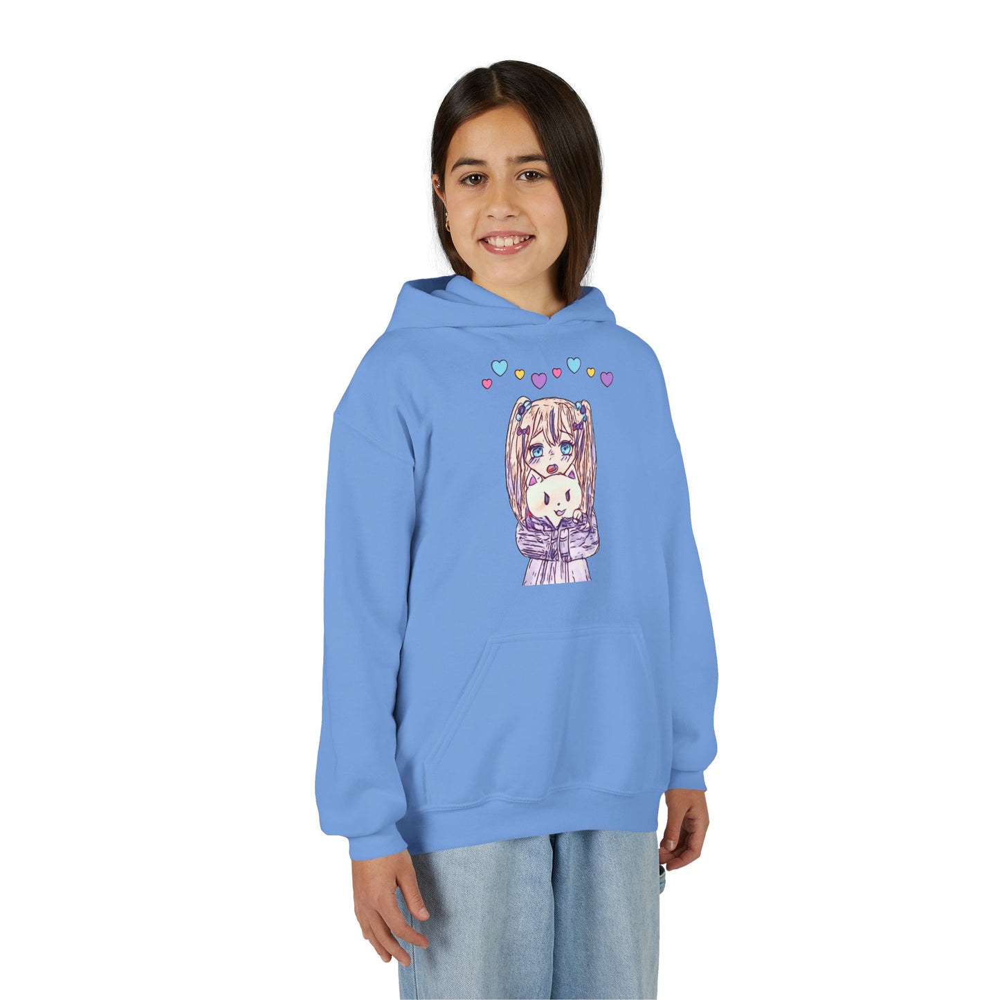 Cute Kawaii Heart Plushie Design Anime Girl- Kids/Youth Hoodie Gildan 18500B