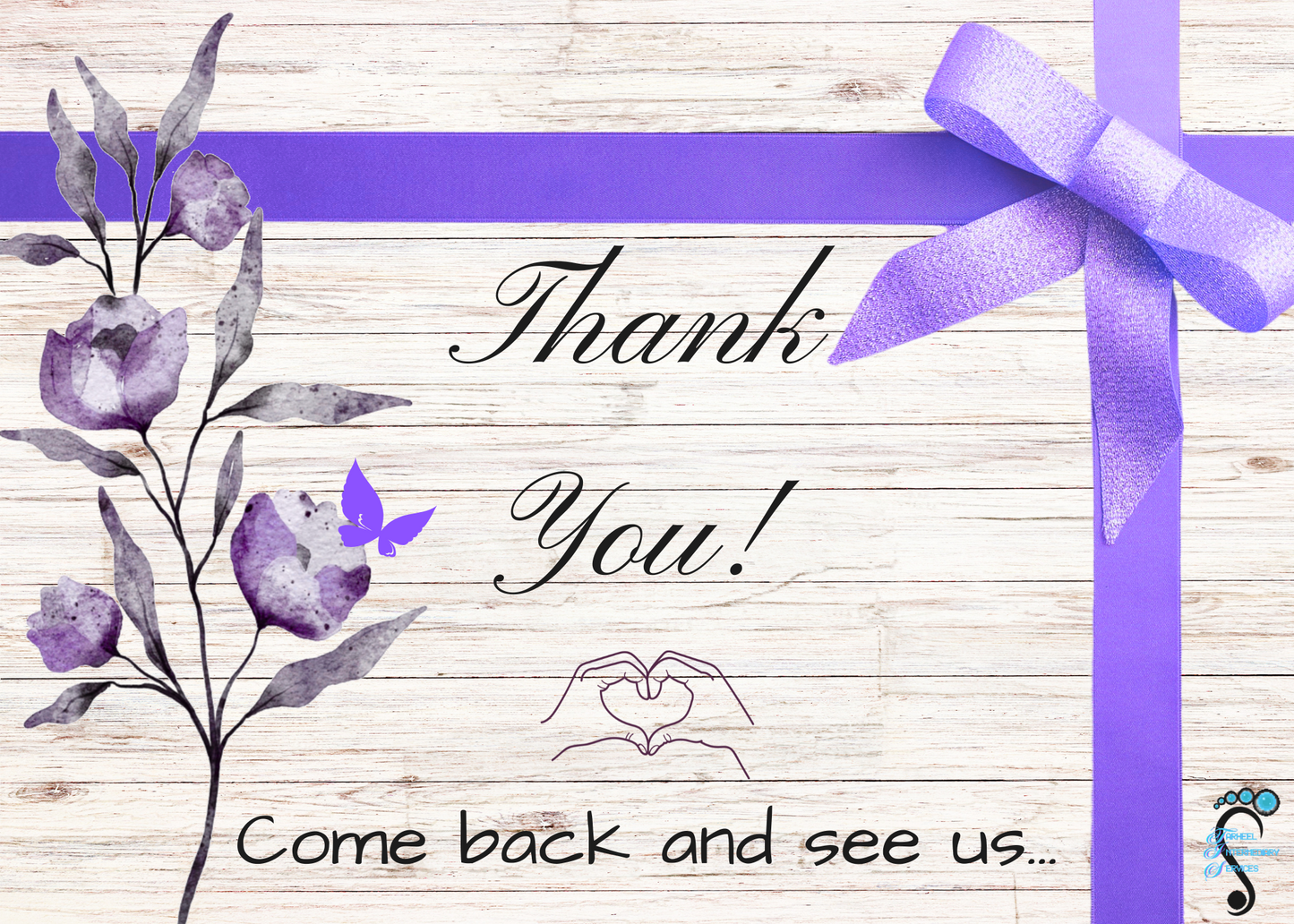 7 X 5" Purple Bow & Flower Thank You Card w/logo