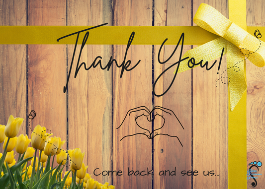 7 X 5" Yellow Bow and flowers Thank You Card on brown wood w/logo