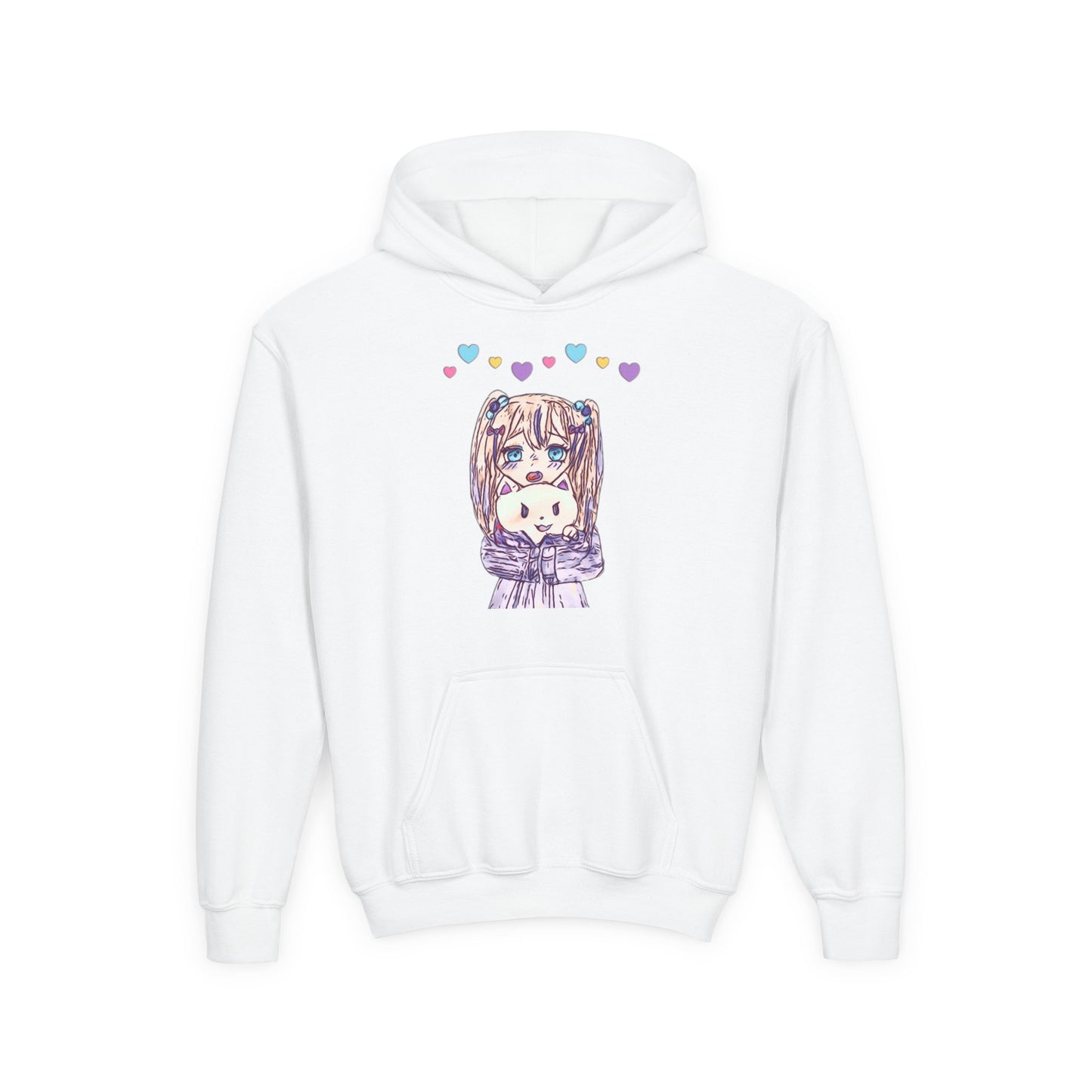 Cute Kawaii Heart Plushie Design Anime Girl- Kids/Youth Hoodie Gildan 18500B