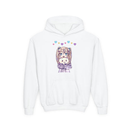 Cute Kawaii Heart Plushie Design Anime Girl- Kids/Youth Hoodie Gildan 18500B