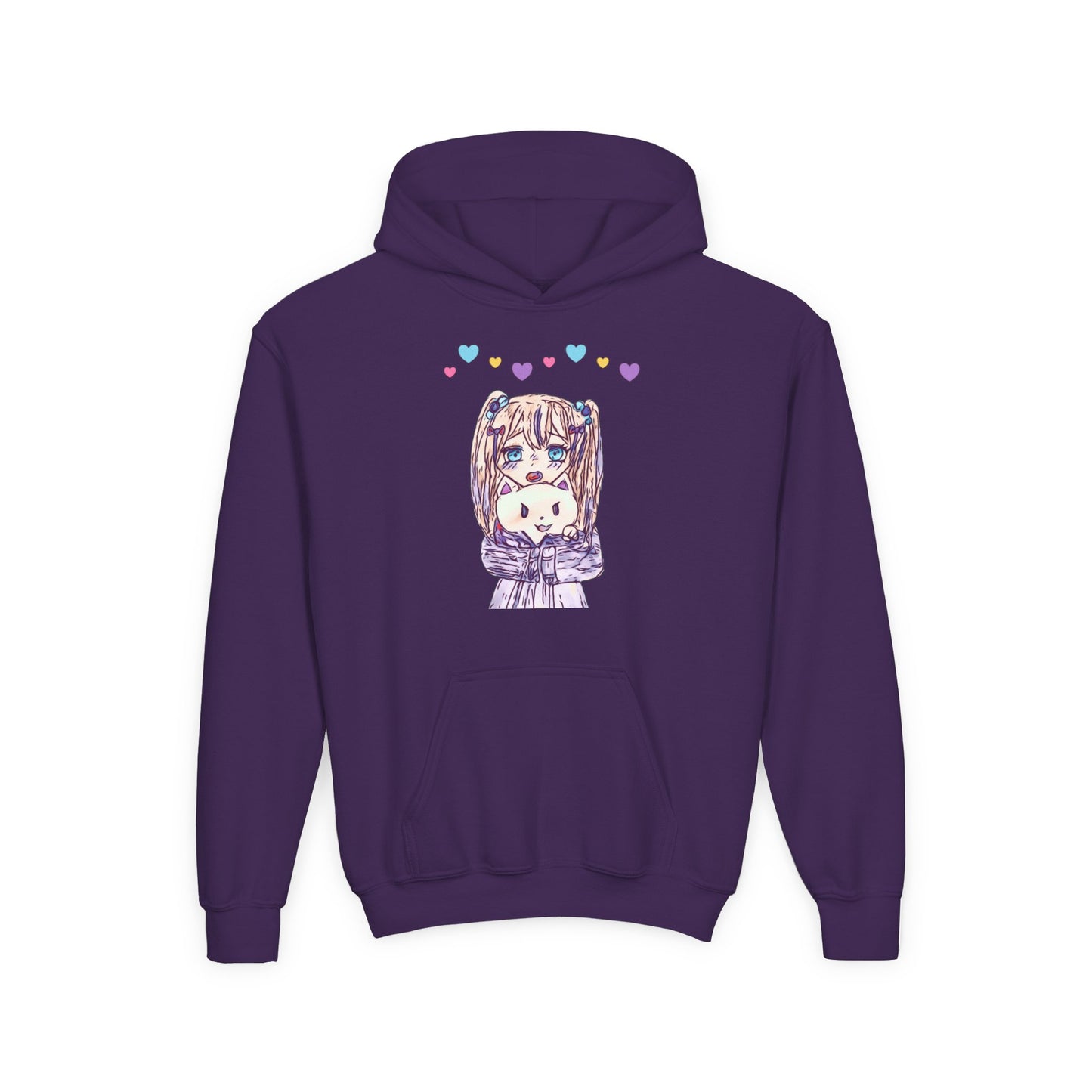 Cute Kawaii Heart Plushie Design Anime Girl- Kids/Youth Hoodie Gildan 18500B