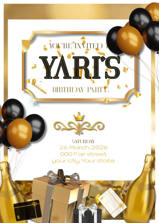5x7" Black White and Gold Birthday Invitation
