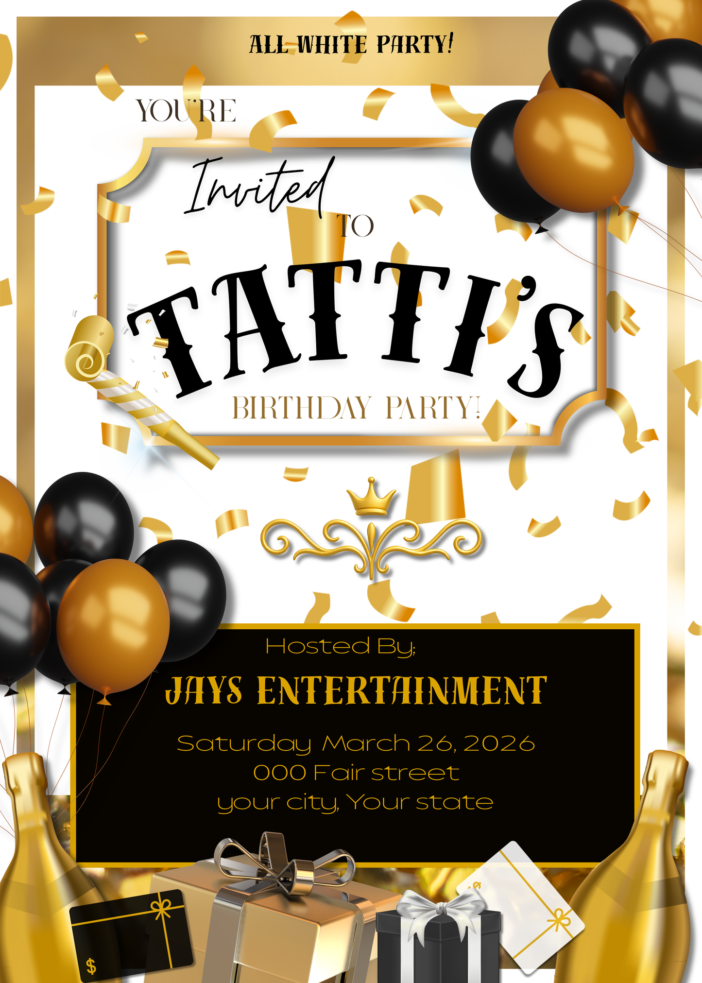 5x7" Black White and Gold Birthday Invitation