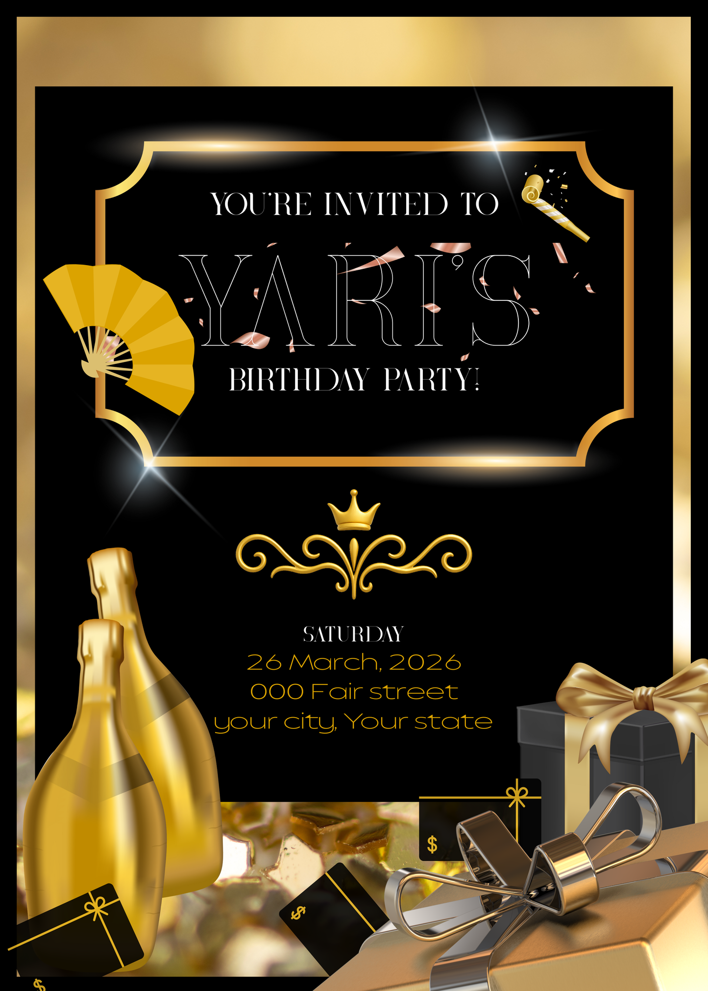 5x7" Black and Gold Birthday Invitation