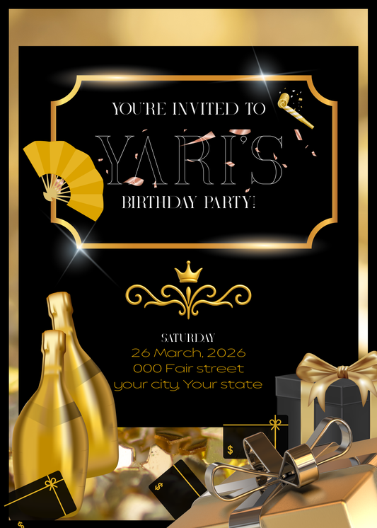 5x7" Black and Gold Birthday Invitation