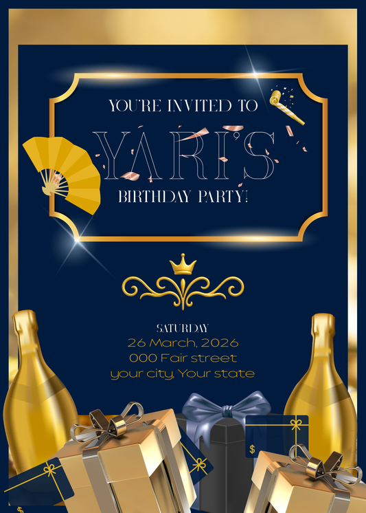 5x7" Blue and Gold Birthday Invitation
