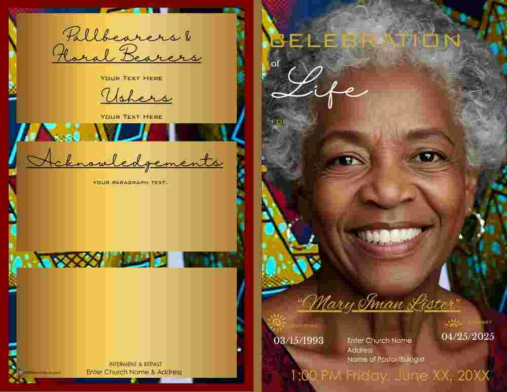 Burgundy and Gold African Print Obituary - Bifold
