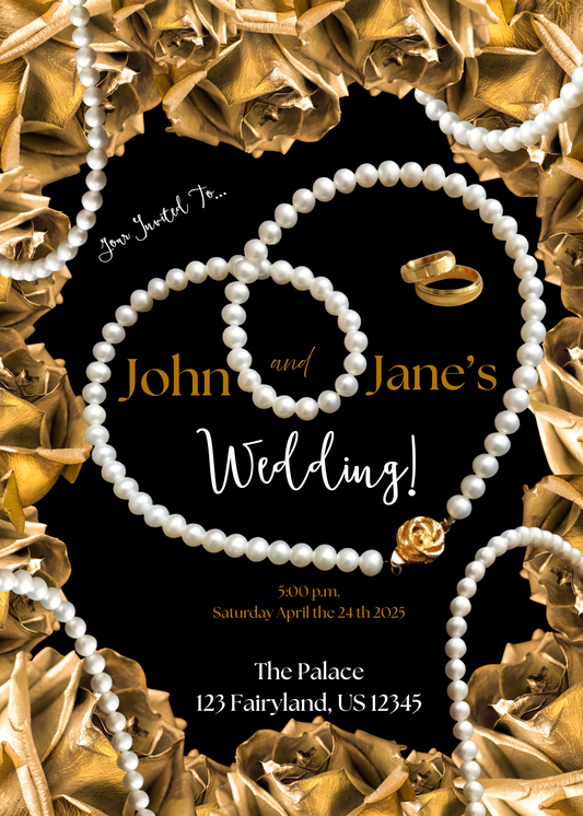 Virtual gold rose and pearl wedding invitation