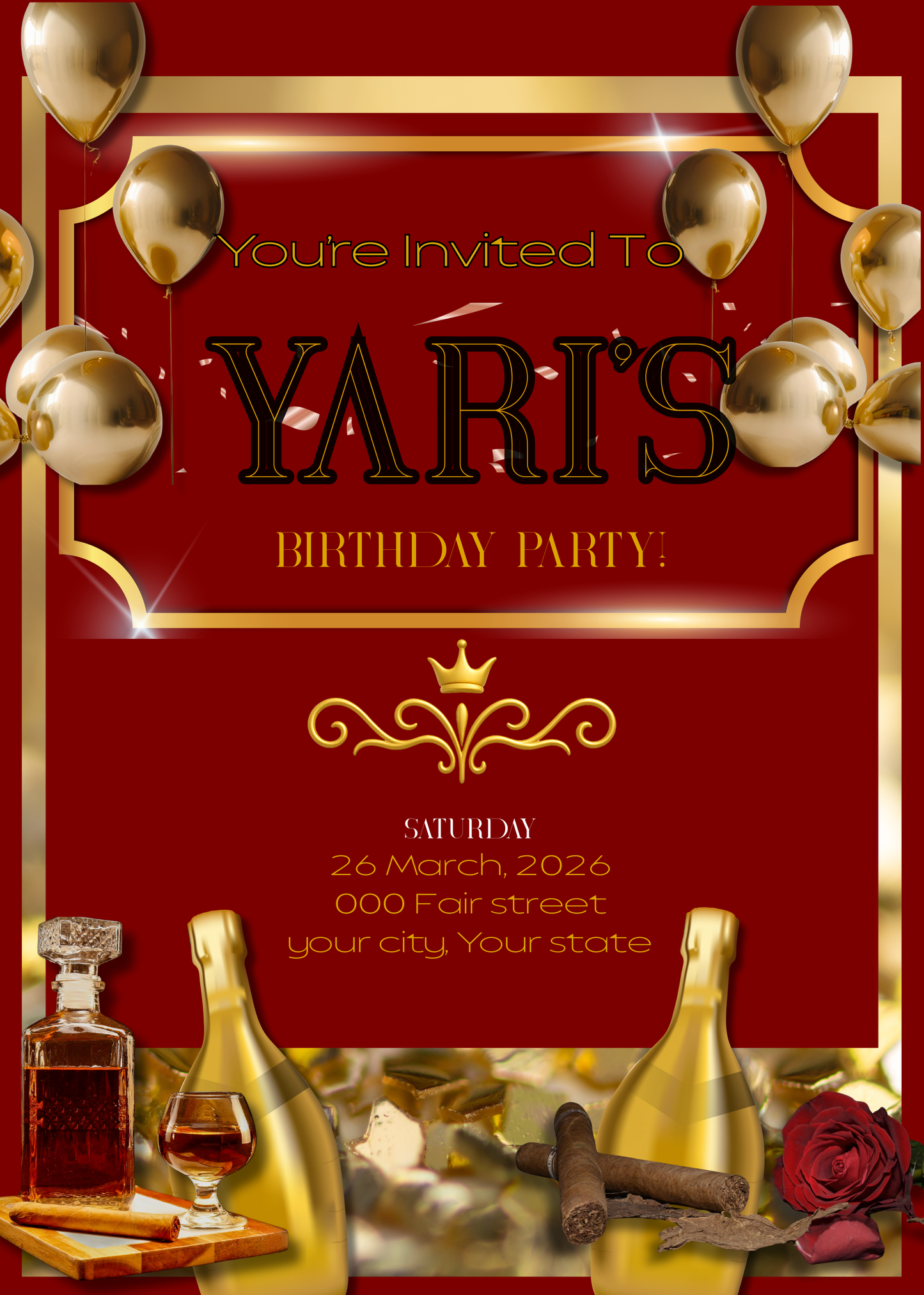 5x7" Dark Red and Gold Birthday Invitation