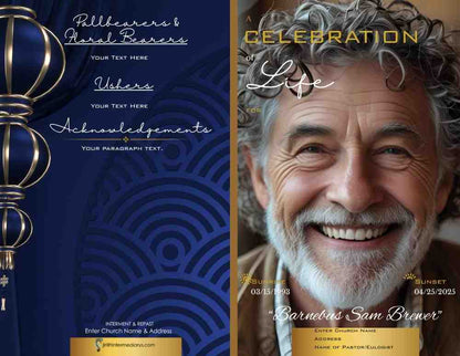 Navy Blue and Gold Full Face Obituary - Bifold