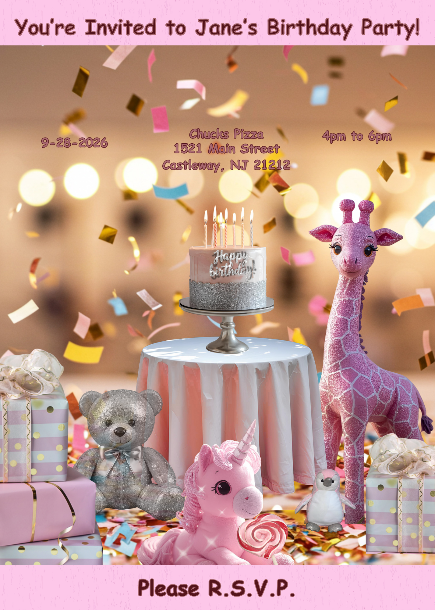 5x7"  Pink and Silver Birthday Party Invitation
