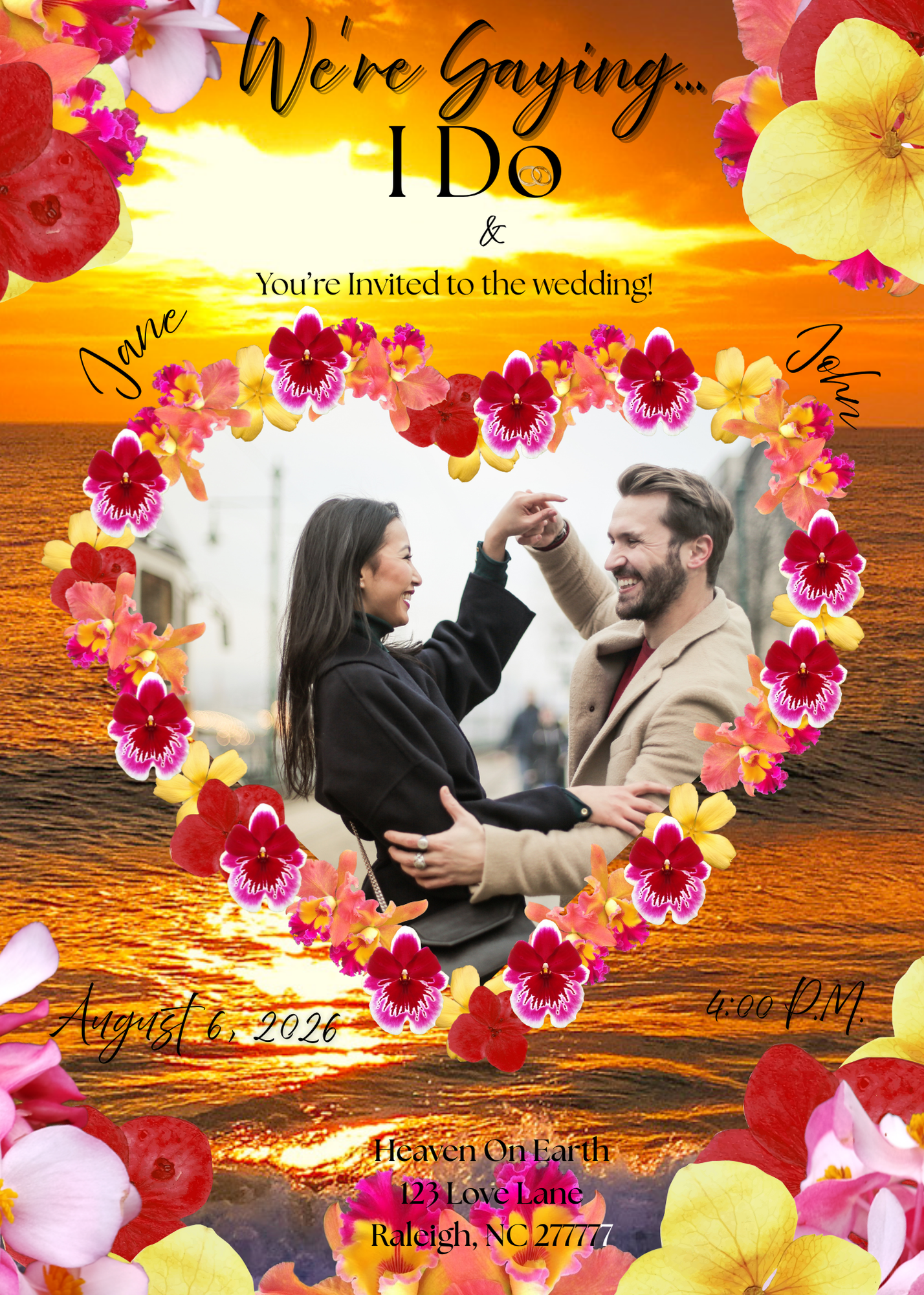 Virtual Orange Beach Sunset with Luau Flowers Wedding Invitation