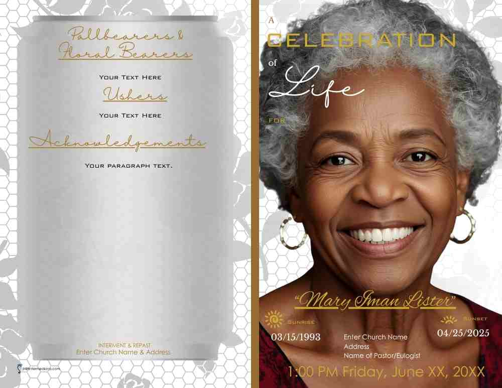 Silver White and Gold Full Face Woman Obituary - Bifold