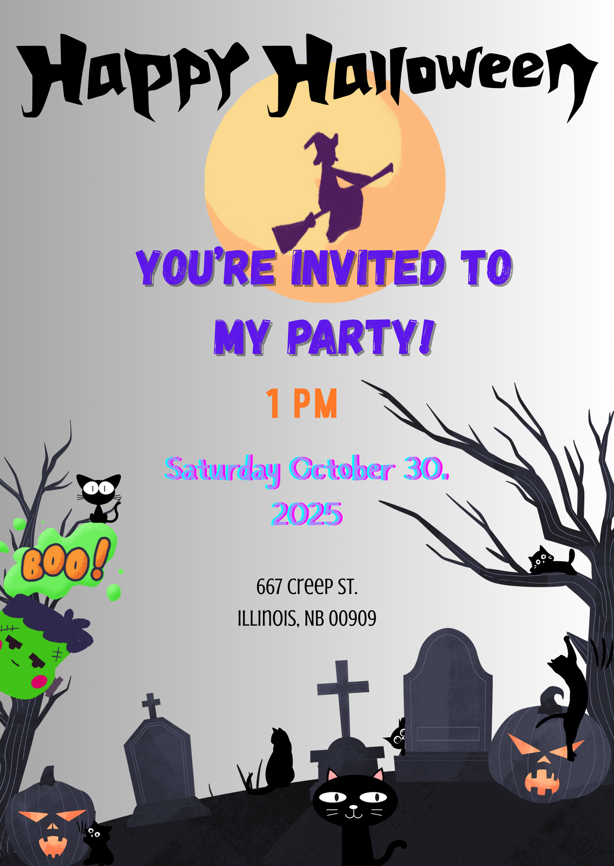 Virtual Gray Frankenstein Head Peek Halloween Invitation