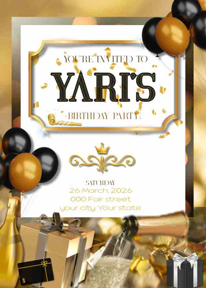 Virtual Black White and Gold Birthday Invitation