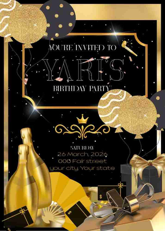 Virtual Black and Gold Birthday Invitation