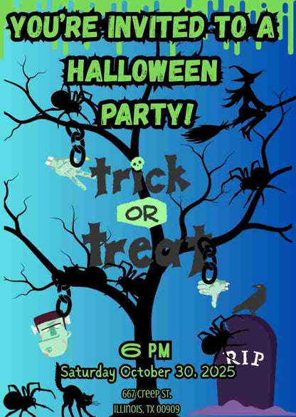 Virtual Blue Green themed Spider Infestation Halloween Invitation