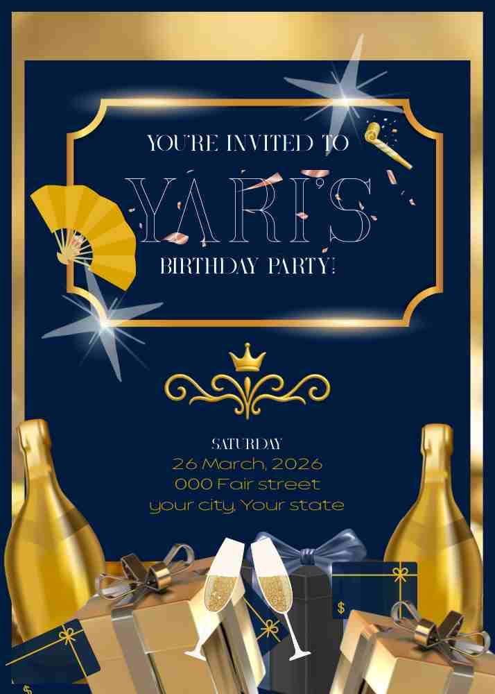 Virtual Blue and Gold Birthday Invitation