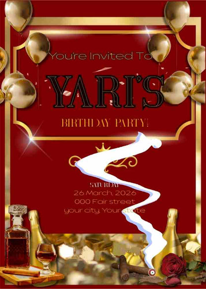 Virtual Dark Red and Gold Birthday Invitation
