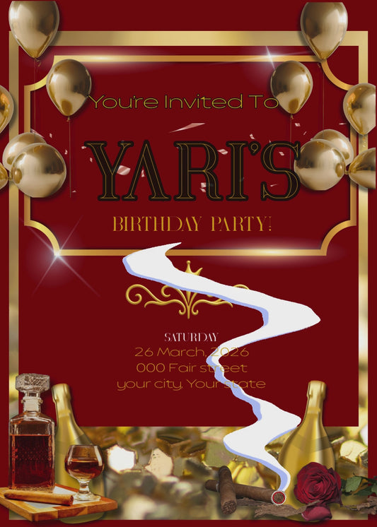 Virtual Dark Red and Gold Birthday Invitation