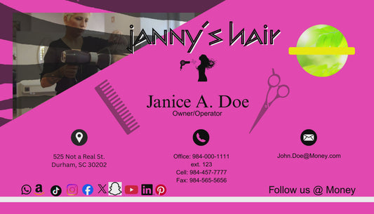 Animated Pink Zebra Hair Business Card template w/video and logo