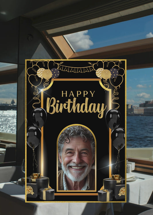 Gold & Black Happy Birthday Card w/Yacht Restaurant BG-Candor