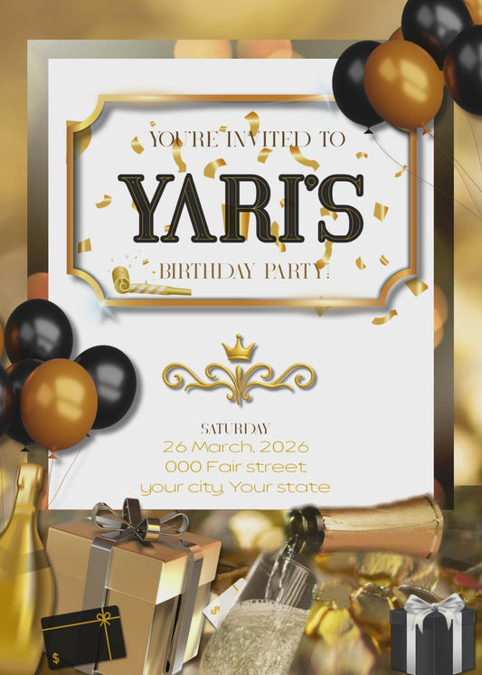 Virtual Black White and Gold Birthday Invitation