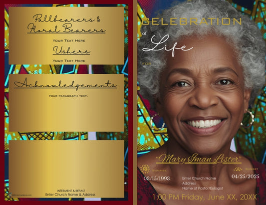 Burgundy and Gold African Print Obituary - Bifold